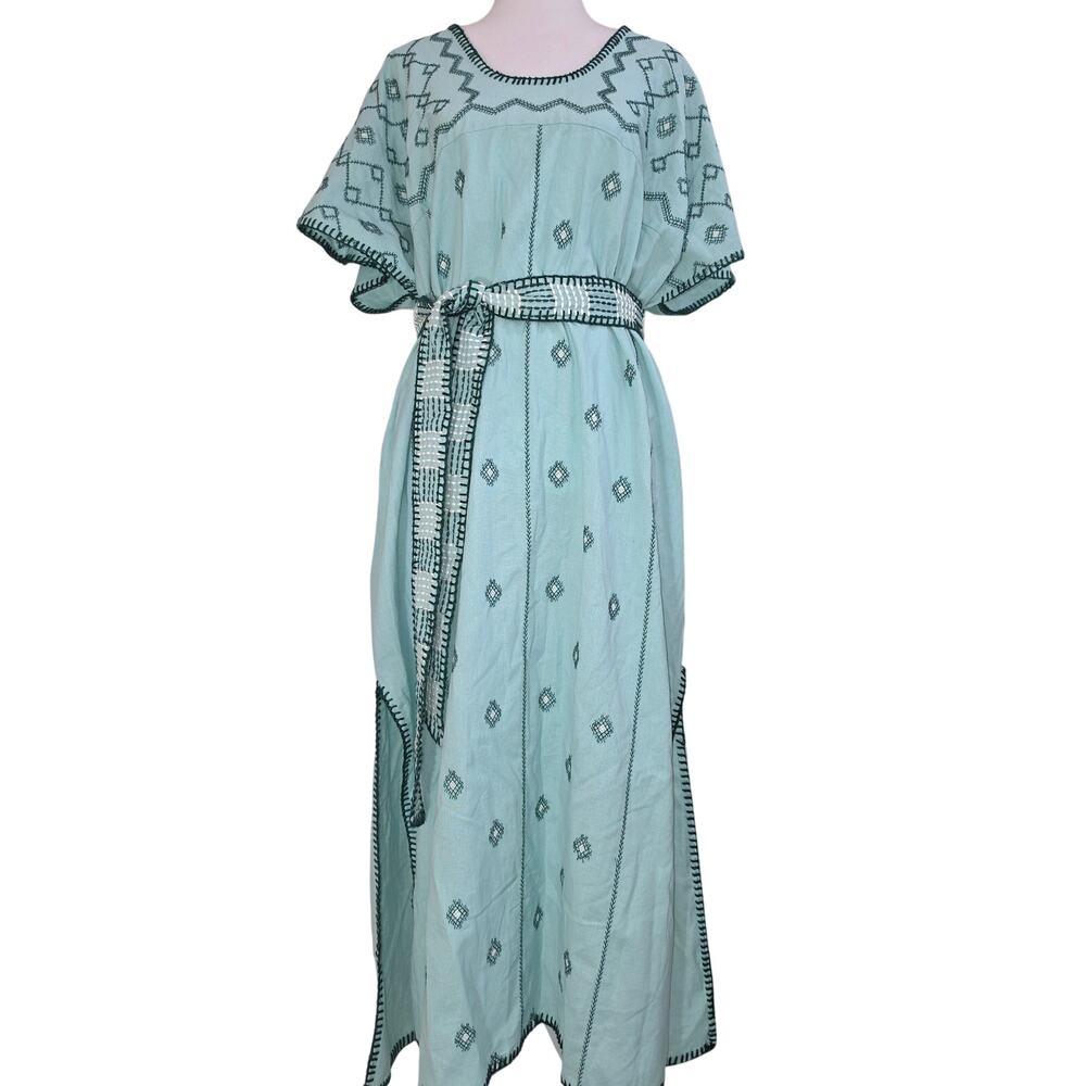 NWT Zara Green Embroidered Linen Caftan Midi Maxi Dress Size L